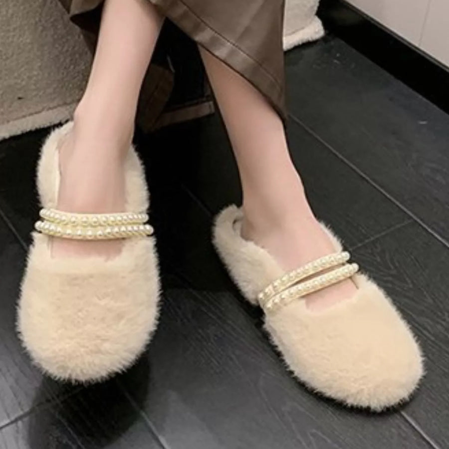Pearl Embellished Plush Slippers Apparel and Accessories