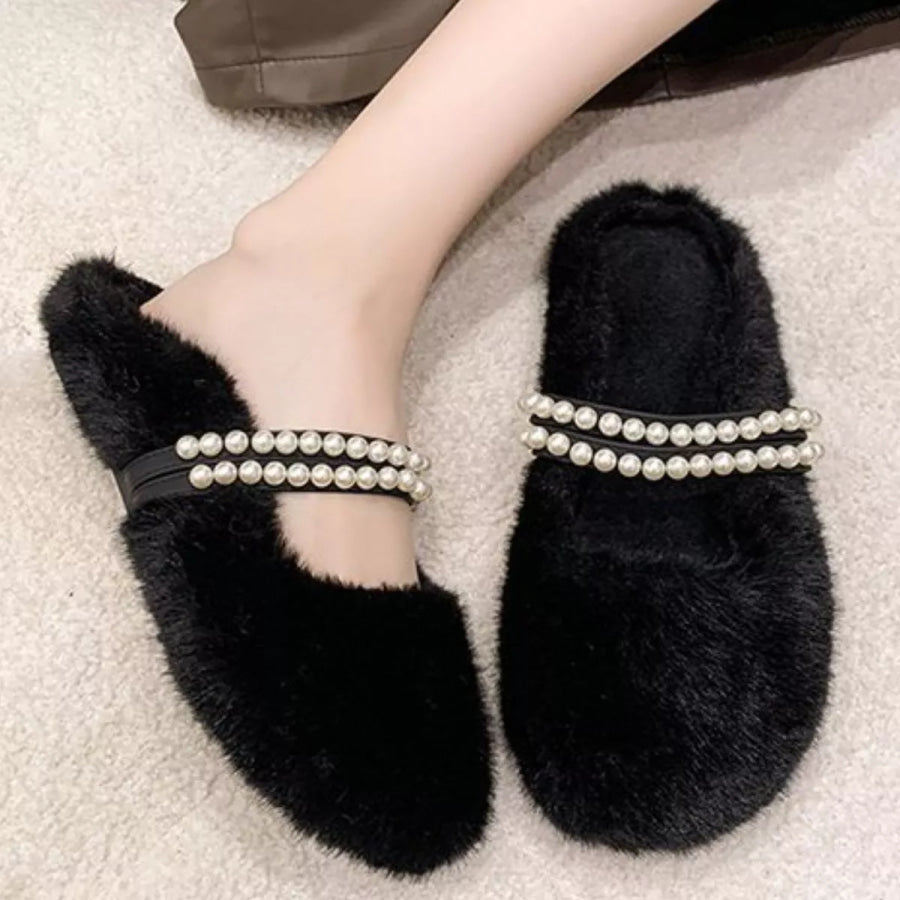 Pearl Embellished Plush Slippers Apparel and Accessories