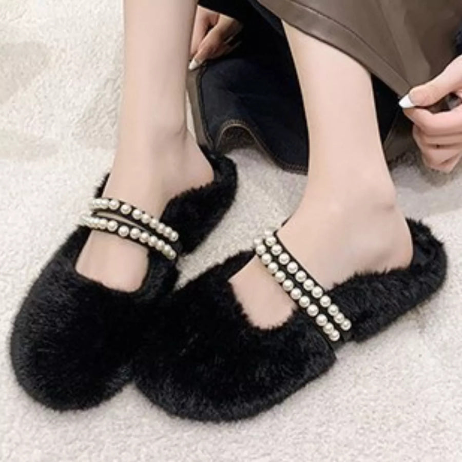 Pearl Embellished Plush Slippers Apparel and Accessories