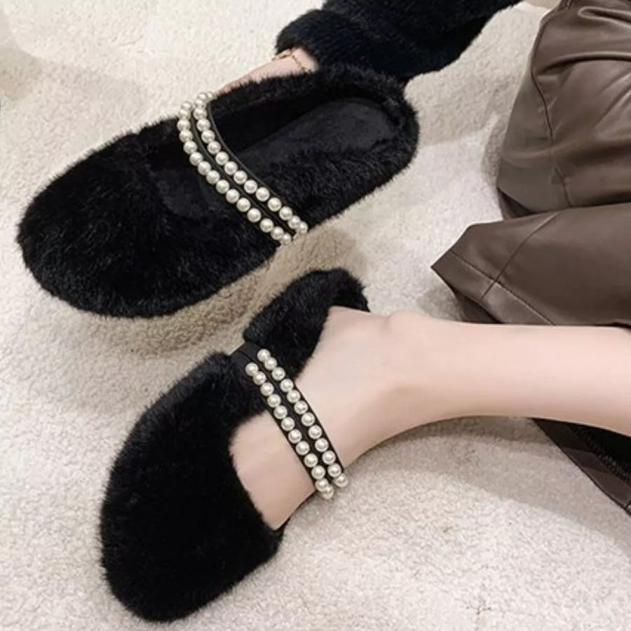 Pearl Embellished Plush Slippers Apparel and Accessories