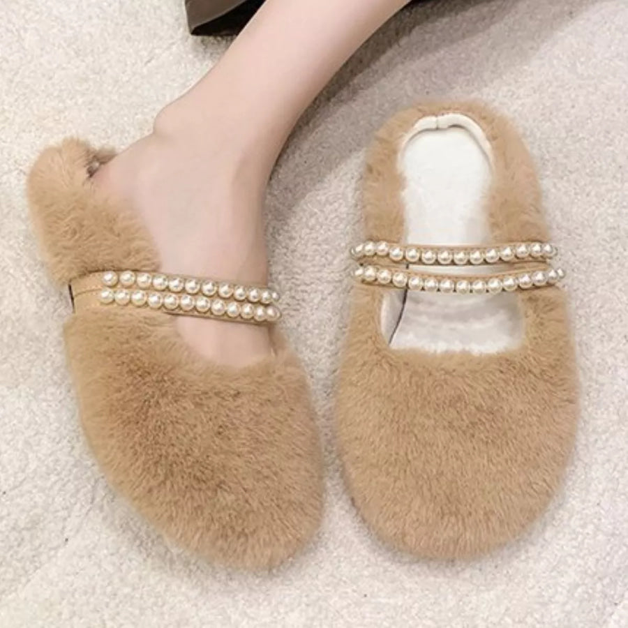 Pearl Embellished Plush Slippers Apparel and Accessories