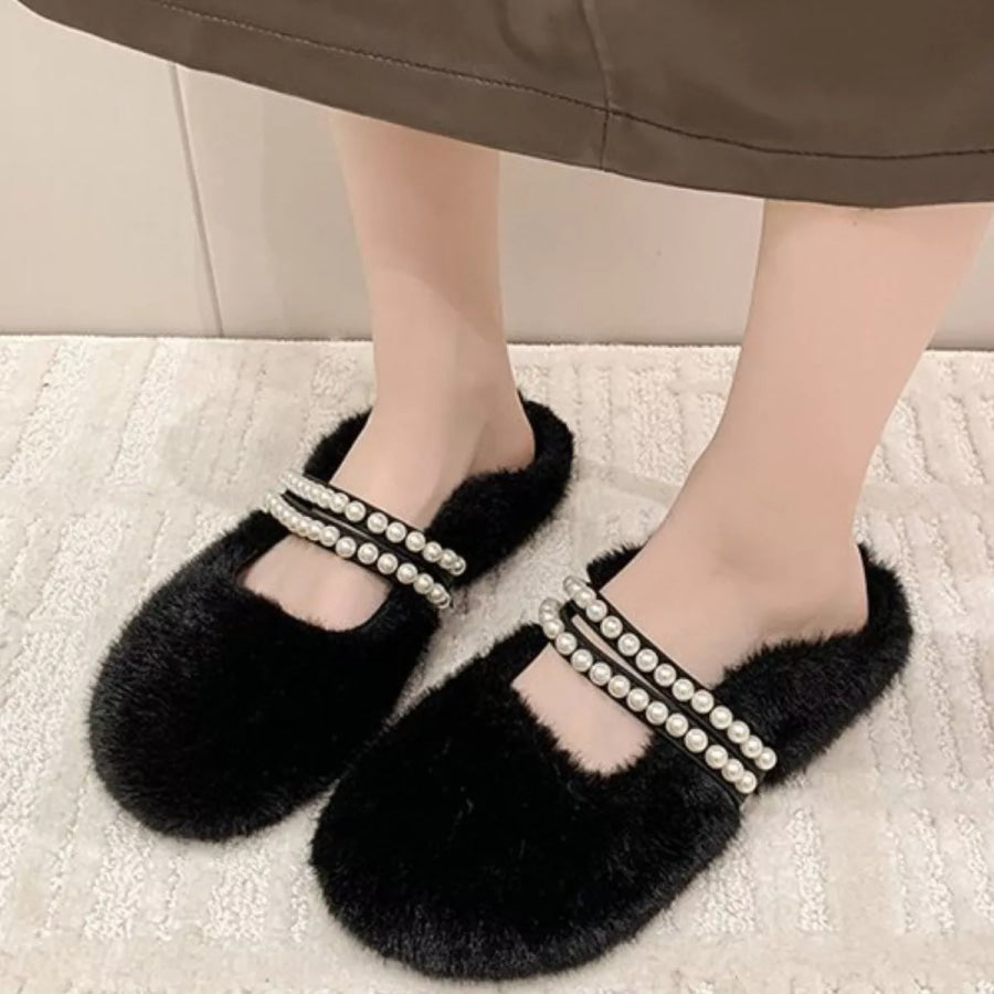 Pearl Embellished Plush Slippers Black / 36 Apparel and Accessories
