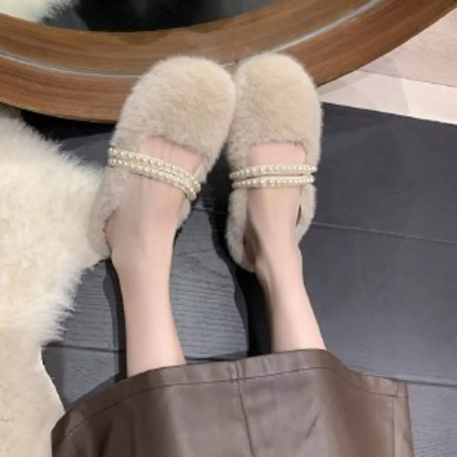 Pearl Embellished Plush Slippers Ivory / 36 Apparel and Accessories
