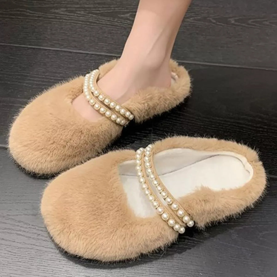 Pearl Embellished Plush Slippers Khaki / 36 Apparel and Accessories