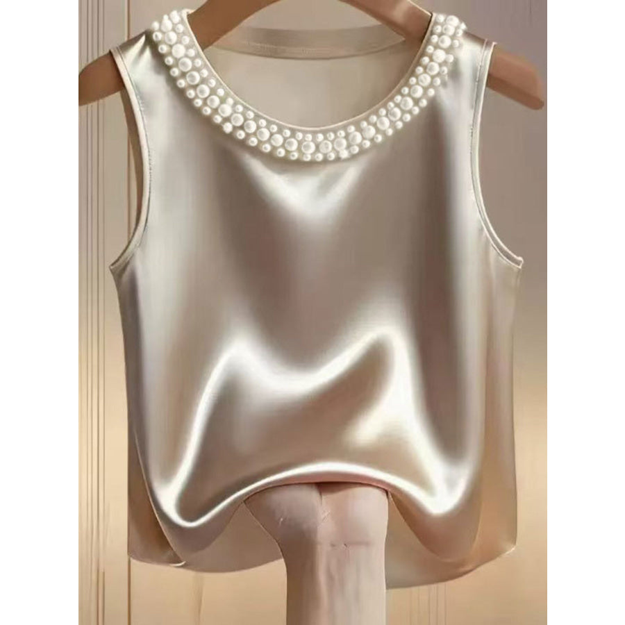 Pearl Embellished Satin Tank Top Apricot / S Apparel and Accessories