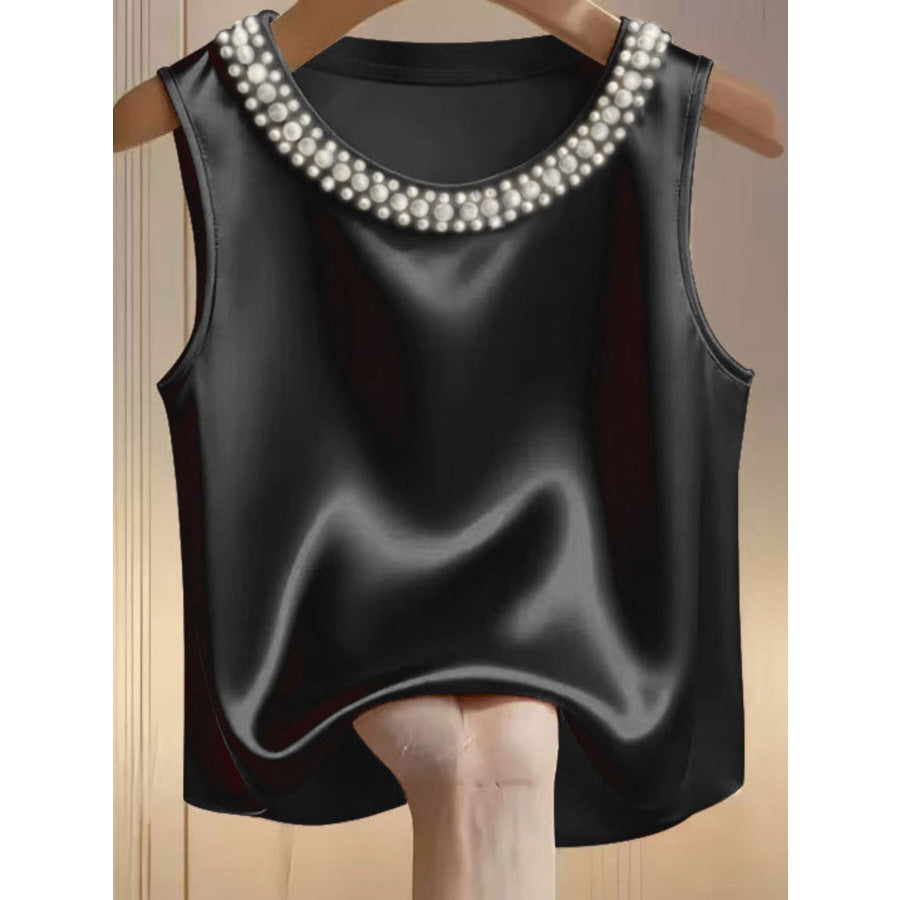 Pearl Embellished Satin Tank Top Black / S Apparel and Accessories