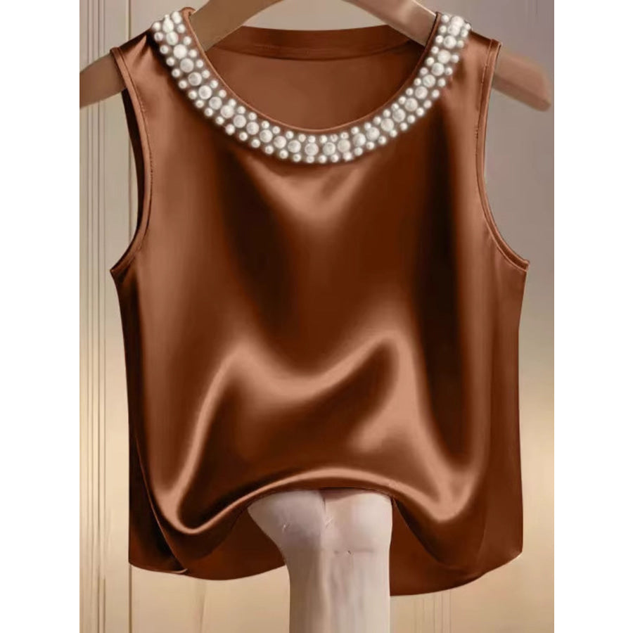 Pearl Embellished Satin Tank Top Brown / S Apparel and Accessories
