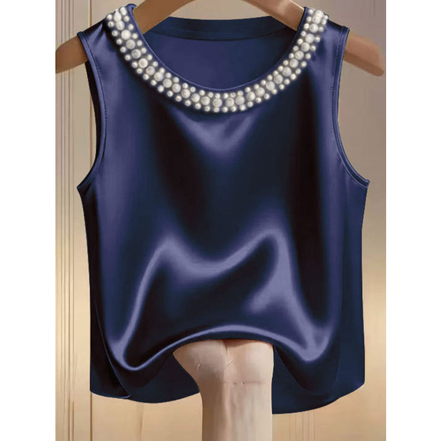 Pearl Embellished Satin Tank Top Dark Blue / S Apparel and Accessories