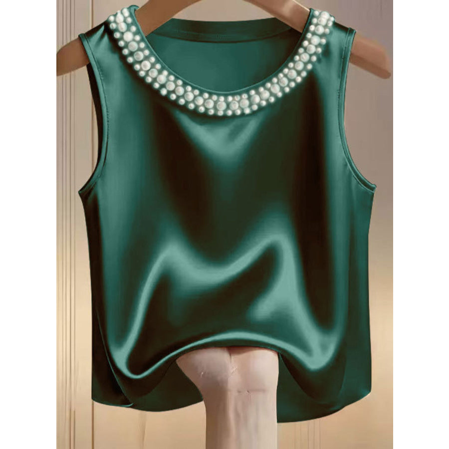 Pearl Embellished Satin Tank Top Green / S Apparel and Accessories