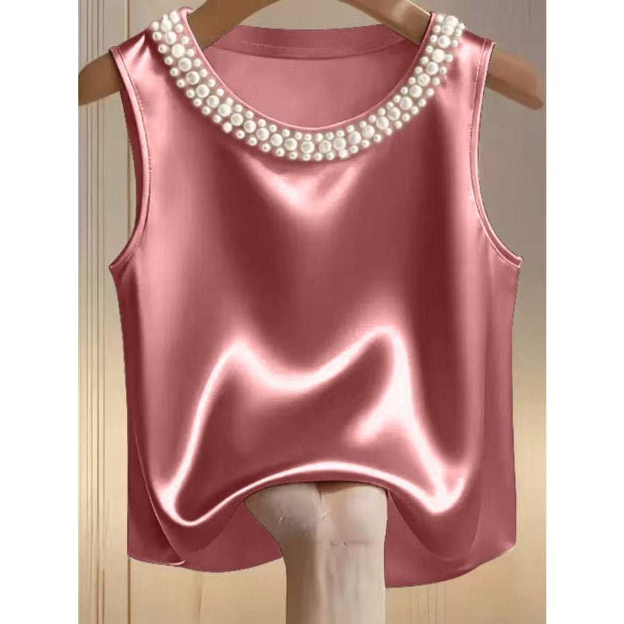 Pearl Embellished Satin Tank Top Pink / S Apparel and Accessories