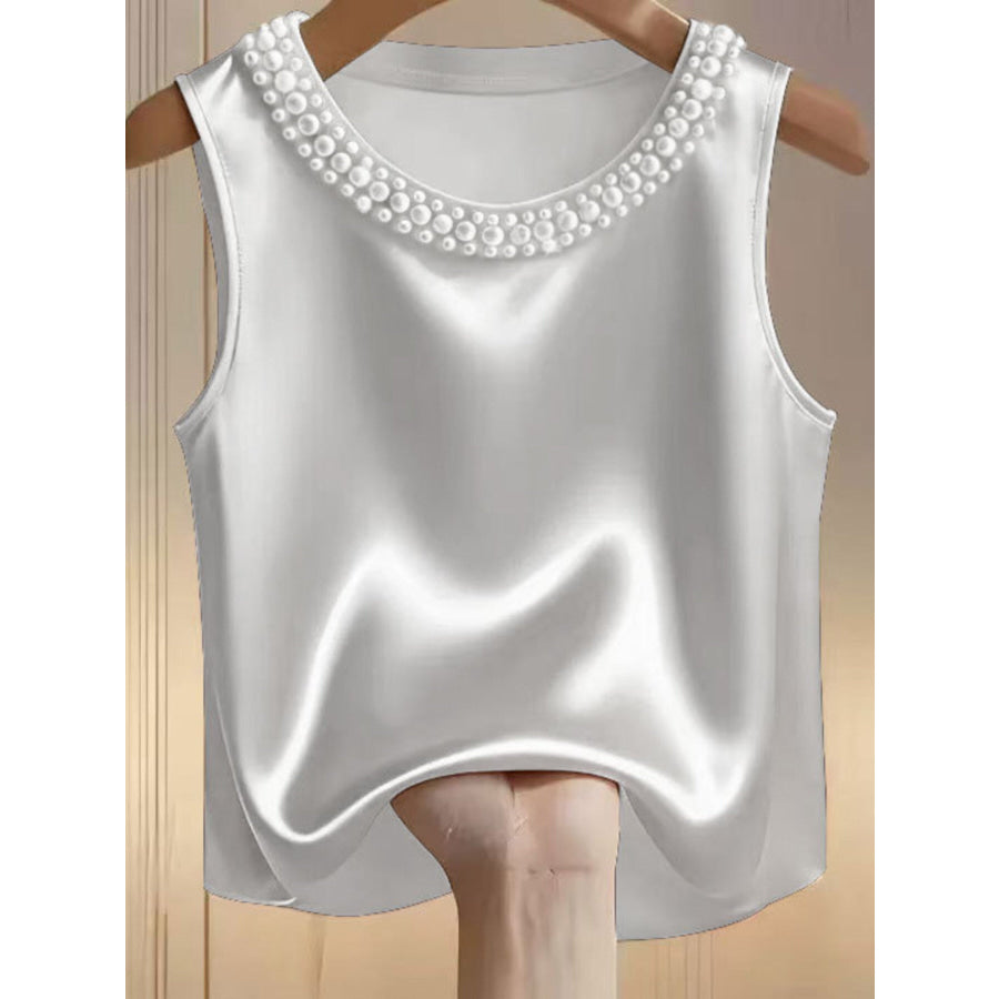Pearl Embellished Satin Tank Top White / S Apparel and Accessories