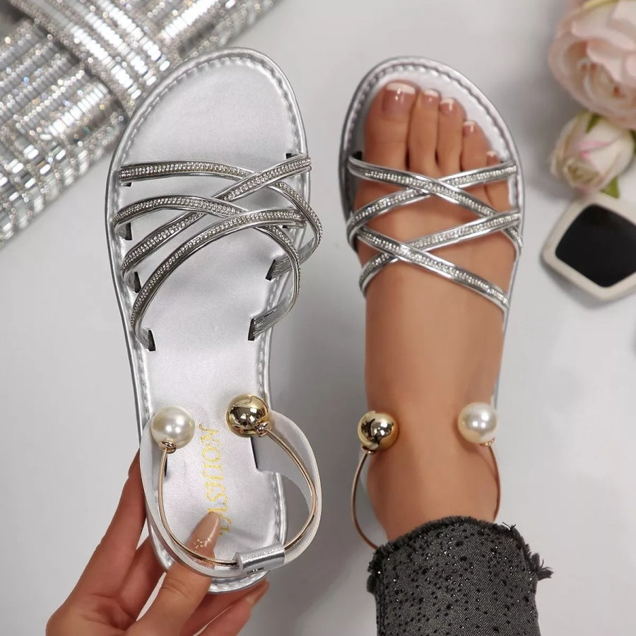 Pearl Embellished Strappy Flat Sandals Apparel and Accessories