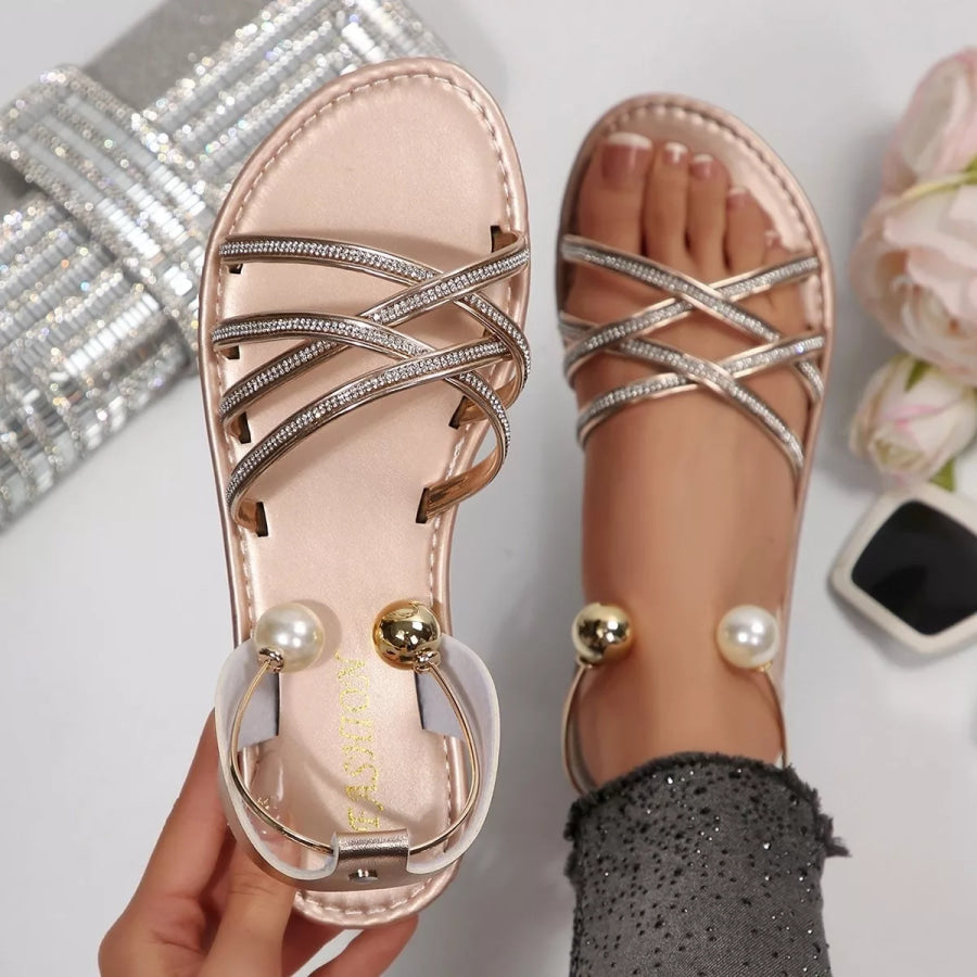 Pearl Embellished Strappy Flat Sandals Apparel and Accessories