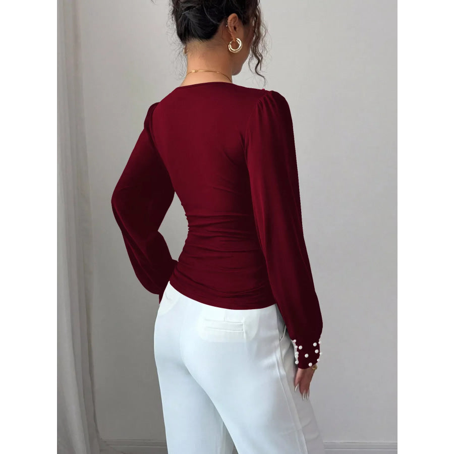 Pearl Embellished V-Neck Blouse Apparel and Accessories