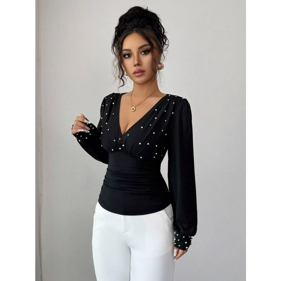 Pearl Embellished V-Neck Blouse Apparel and Accessories