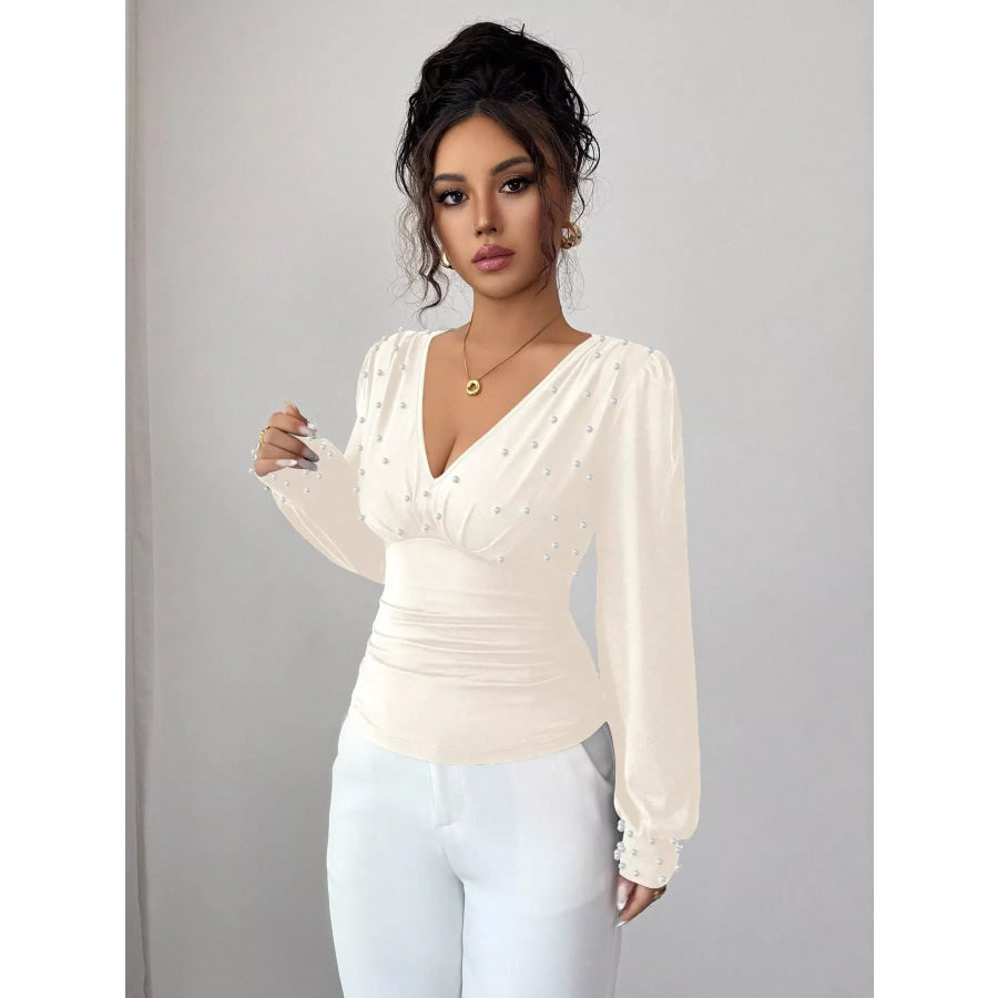 Pearl Embellished V-Neck Blouse Apparel and Accessories