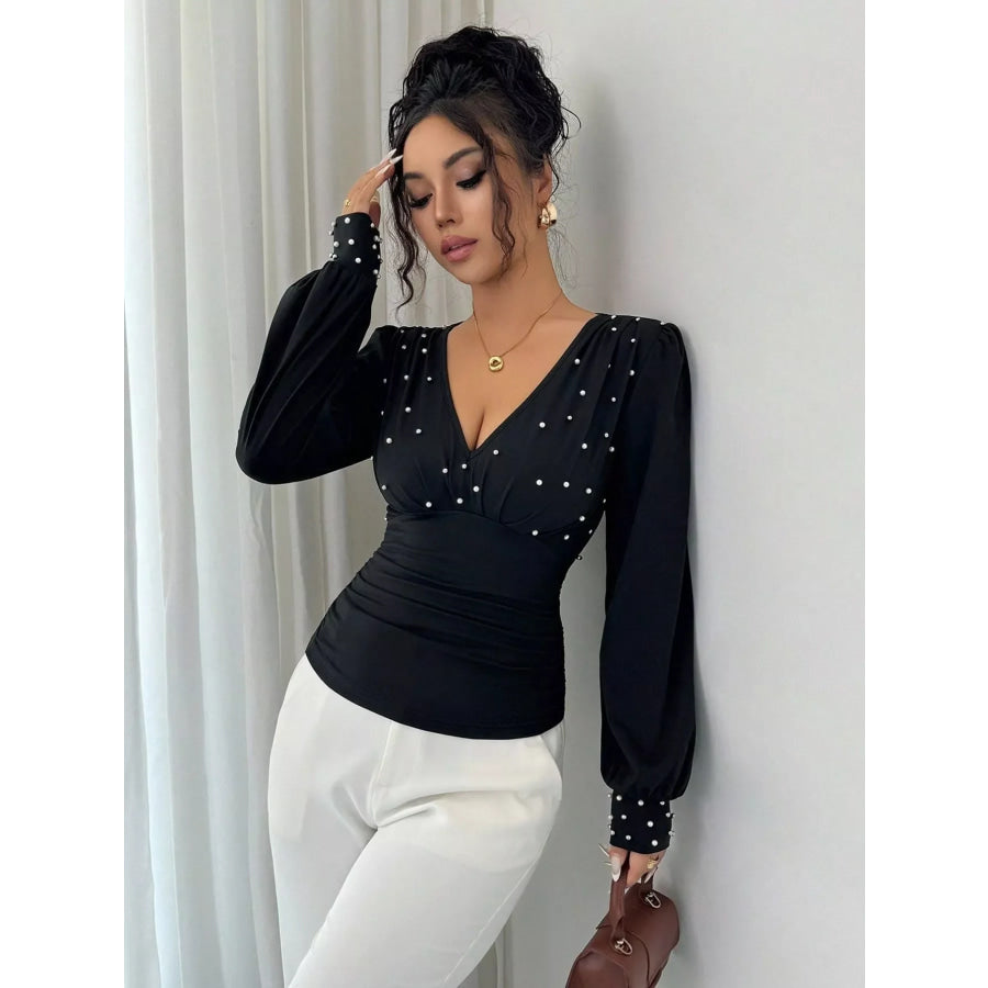 Pearl Embellished V-Neck Blouse Apparel and Accessories