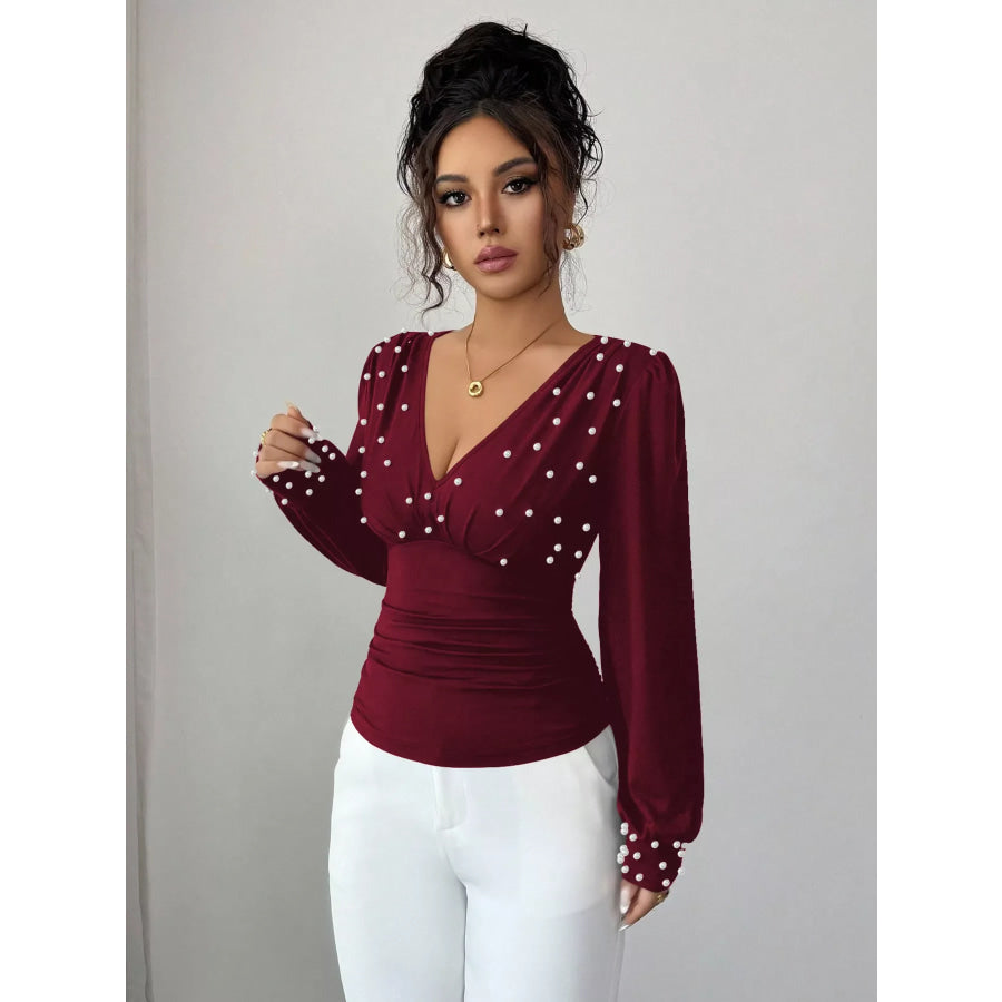 Pearl Embellished V-Neck Blouse Apparel and Accessories