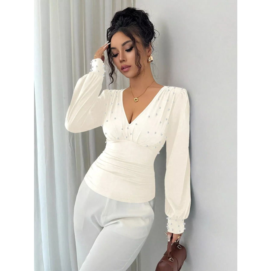 Pearl Embellished V-Neck Blouse Apparel and Accessories