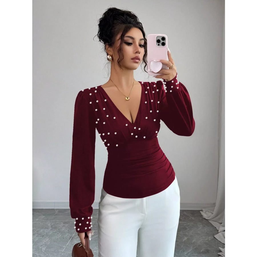 Pearl Embellished V-Neck Blouse Apparel and Accessories
