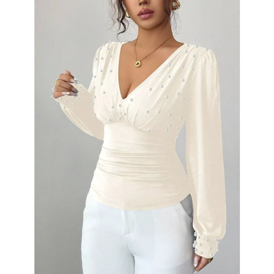 Pearl Embellished V-Neck Blouse Beige / S Apparel and Accessories