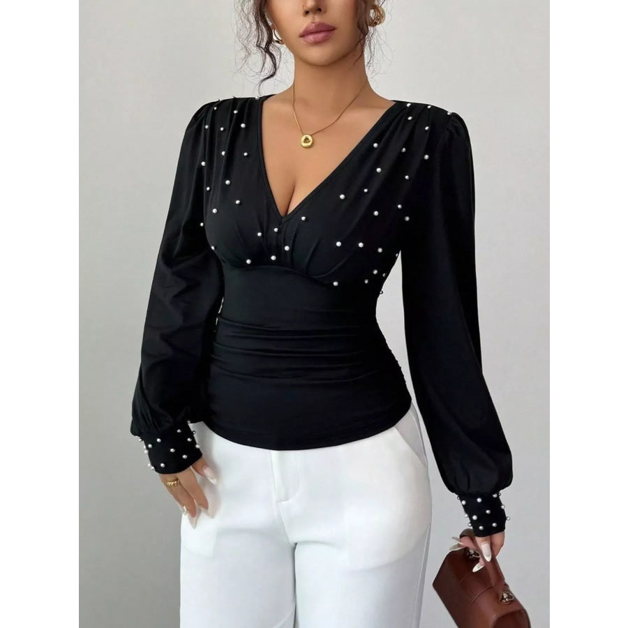 Pearl Embellished V-Neck Blouse Black / S Apparel and Accessories