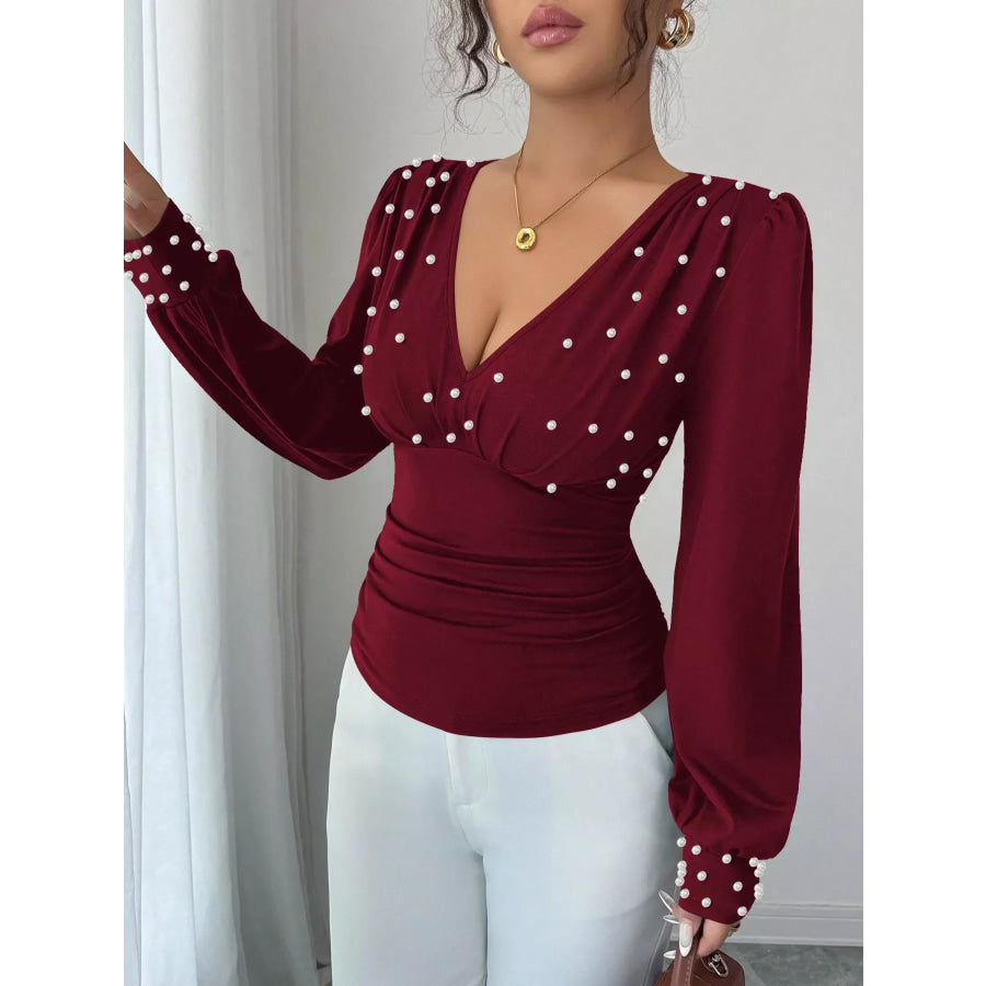 Pearl Embellished V-Neck Blouse Burgundy / S Apparel and Accessories