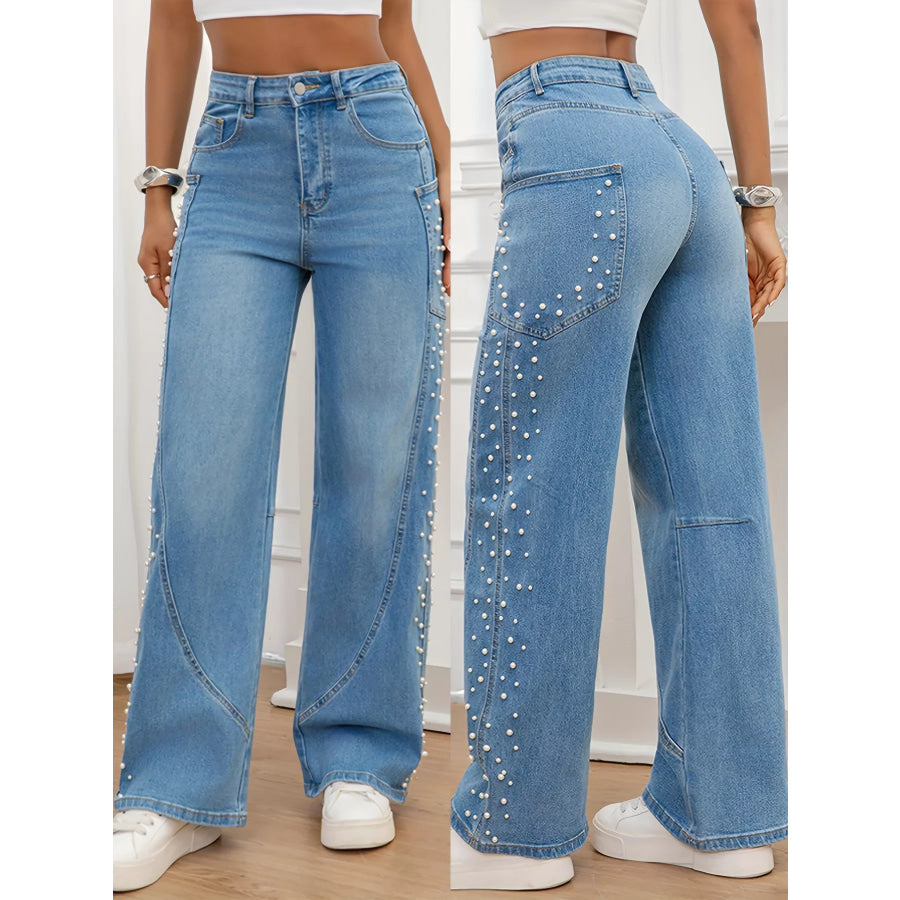 Pearl Embellished Wide Leg Jeans Apparel and Accessories