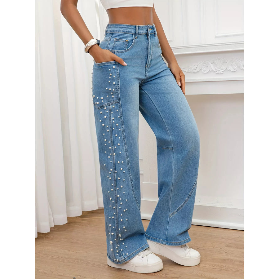 Pearl Embellished Wide Leg Jeans Blue / S Apparel and Accessories