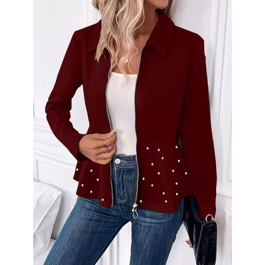 Pearl Embellished Zip-Up Peplum Outerwear Apparel and Accessories
