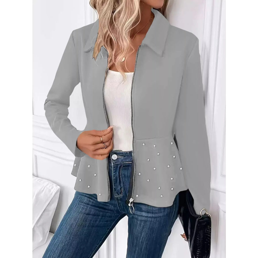 Pearl Embellished Zip-Up Peplum Outerwear Apparel and Accessories