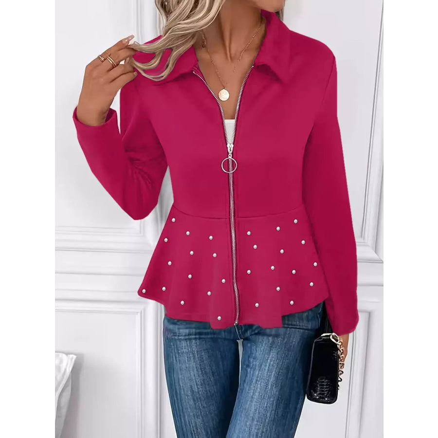 Pearl Embellished Zip-Up Peplum Outerwear Apparel and Accessories