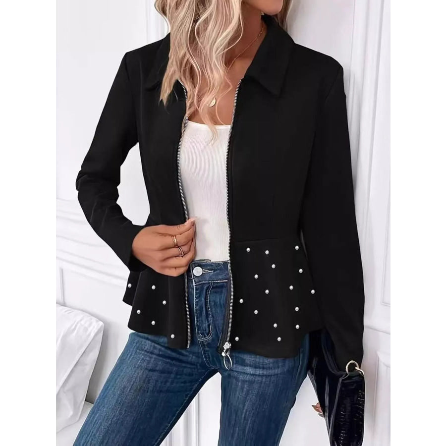 Pearl Embellished Zip-Up Peplum Outerwear Apparel and Accessories