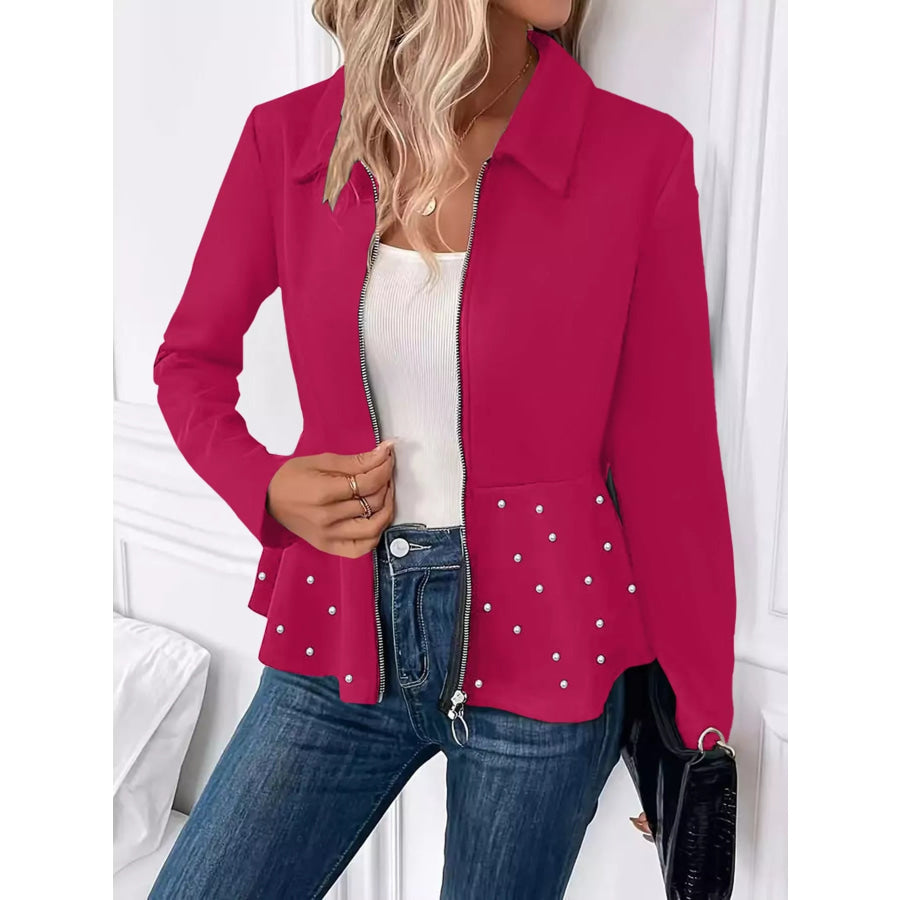 Pearl Embellished Zip-Up Peplum Outerwear Apparel and Accessories