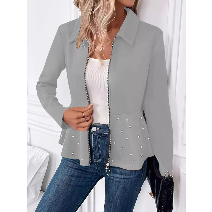 Pearl Embellished Zip-Up Peplum Outerwear Apparel and Accessories