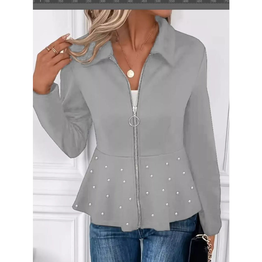 Pearl Embellished Zip-Up Peplum Outerwear Apparel and Accessories