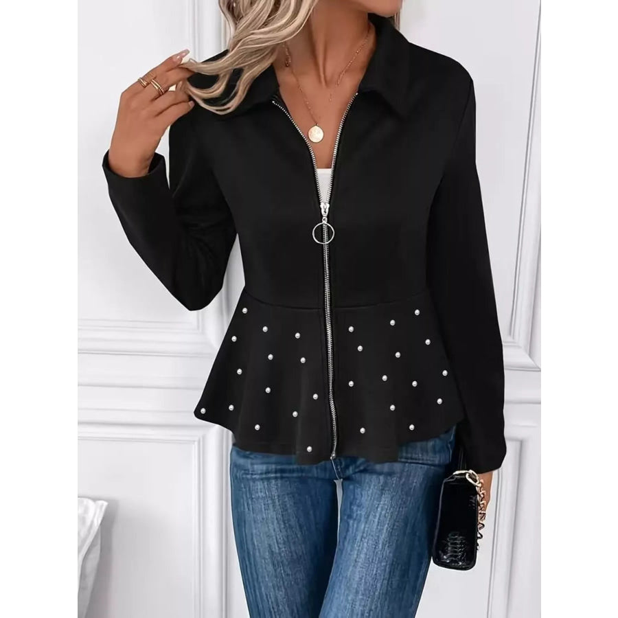 Pearl Embellished Zip-Up Peplum Outerwear Black / S Apparel and Accessories