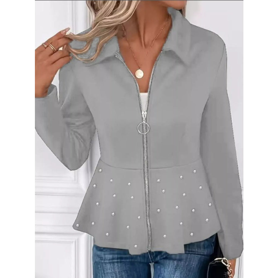 Pearl Embellished Zip-Up Peplum Outerwear Gray / S Apparel and Accessories