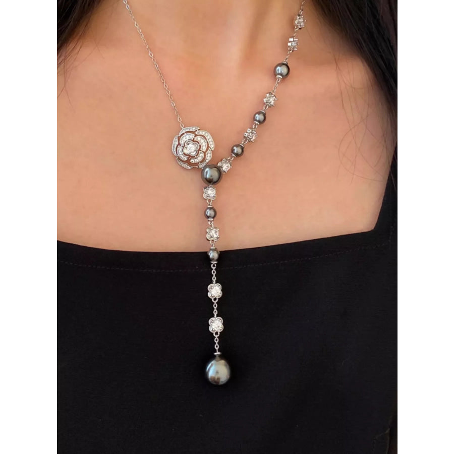 Pearl Flower Y-Necklace Gray / One Size Apparel and Accessories