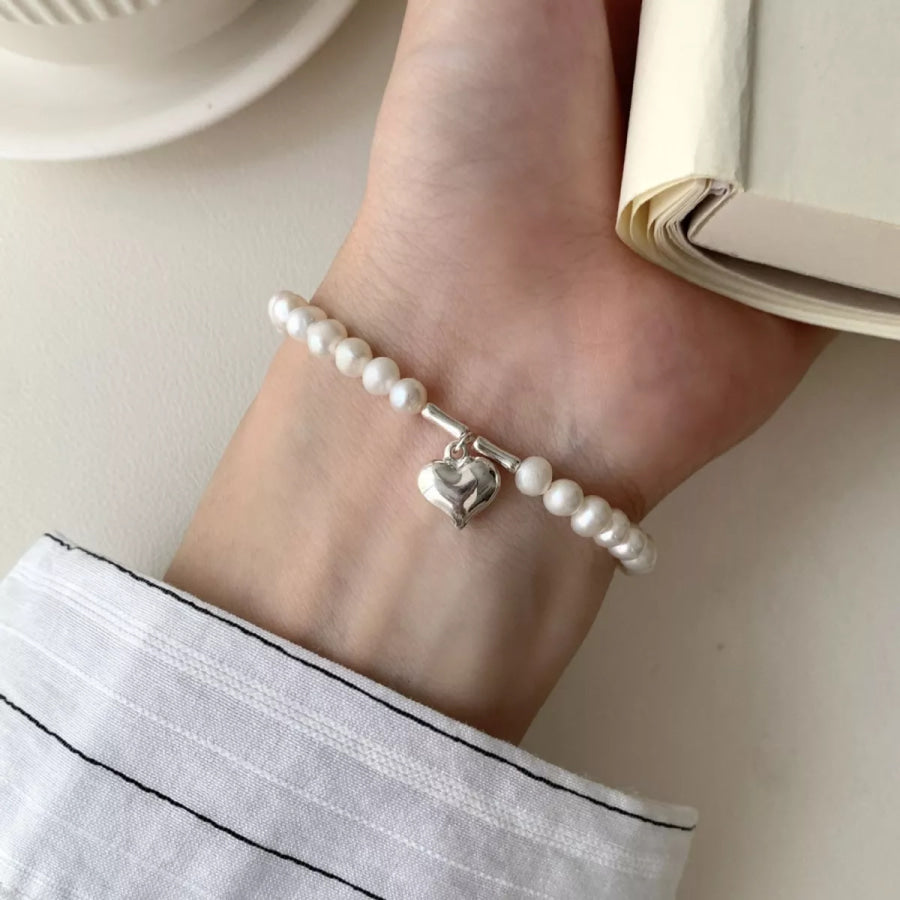 Pearl Heart Charm Bracelet Silver / One Size Apparel and Accessories