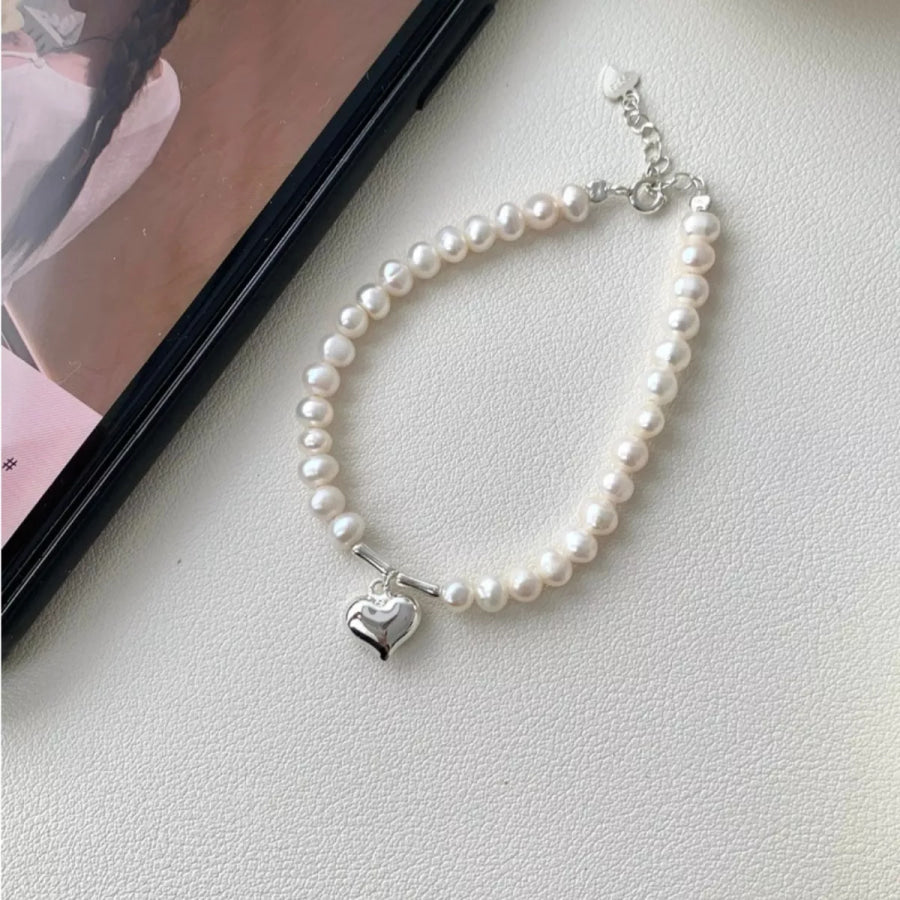 Pearl Heart Charm Bracelet Silver / One Size Apparel and Accessories