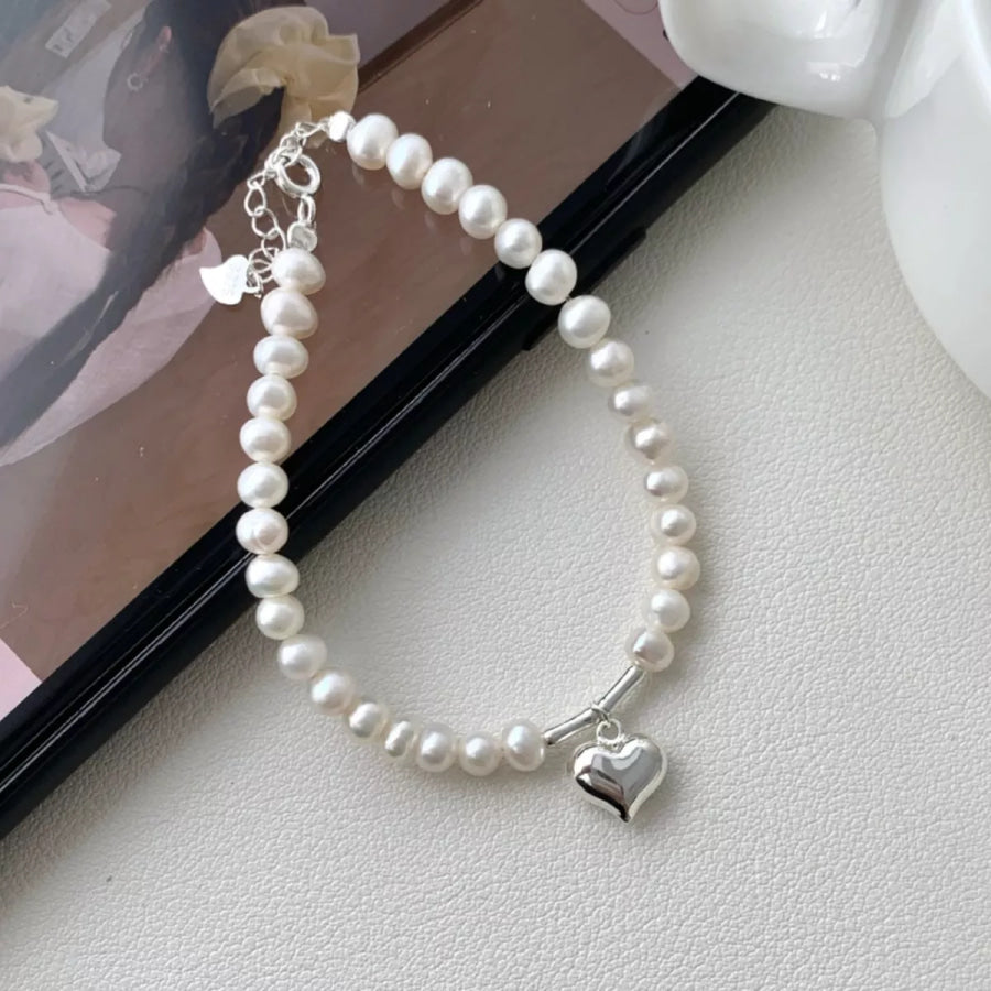 Pearl Heart Charm Bracelet Silver / One Size Apparel and Accessories