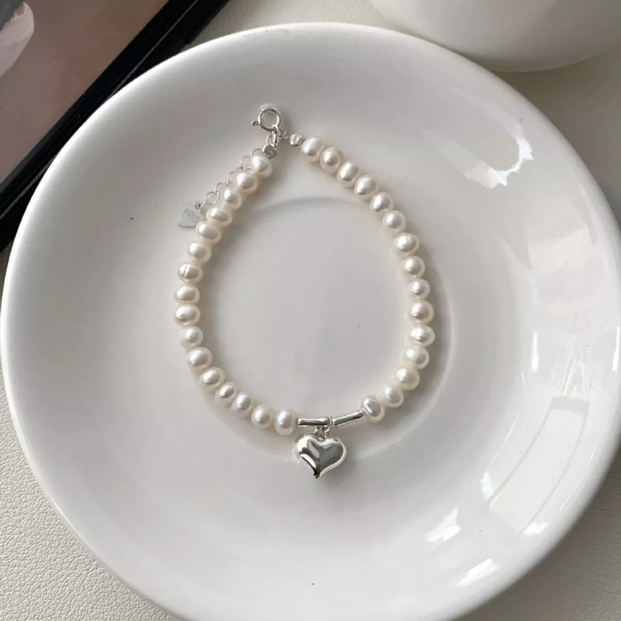 Pearl Heart Charm Bracelet Silver / One Size Apparel and Accessories