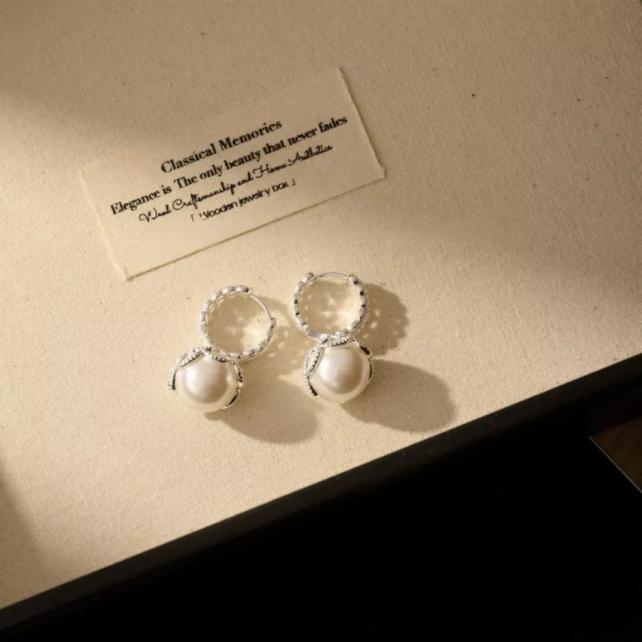 Pearl Hoop Earrings with Zircon Accents Silver / One Size Apparel and Accessories