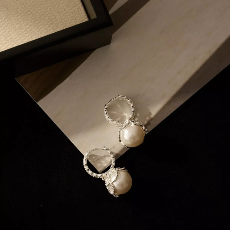 Pearl Hoop Earrings with Zircon Accents Silver / One Size Apparel and Accessories