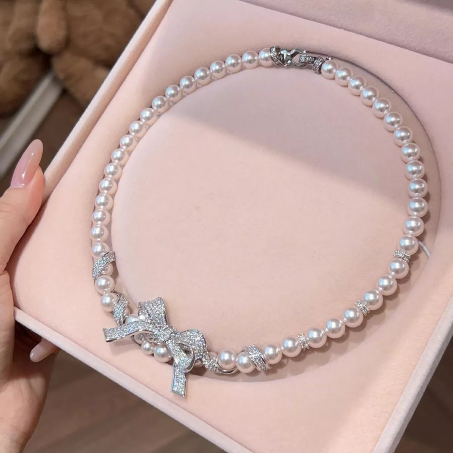 Pearl Necklace with Bow Pendant Silver / One Size Apparel and Accessories
