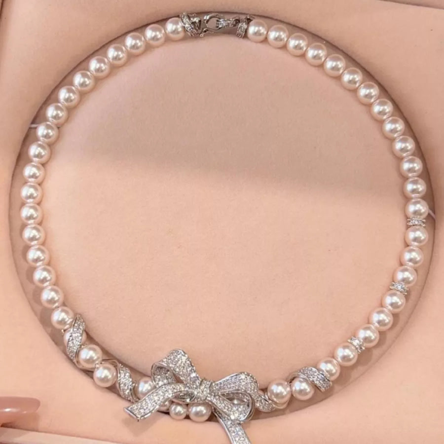 Pearl Necklace with Bow Pendant Silver / One Size Apparel and Accessories