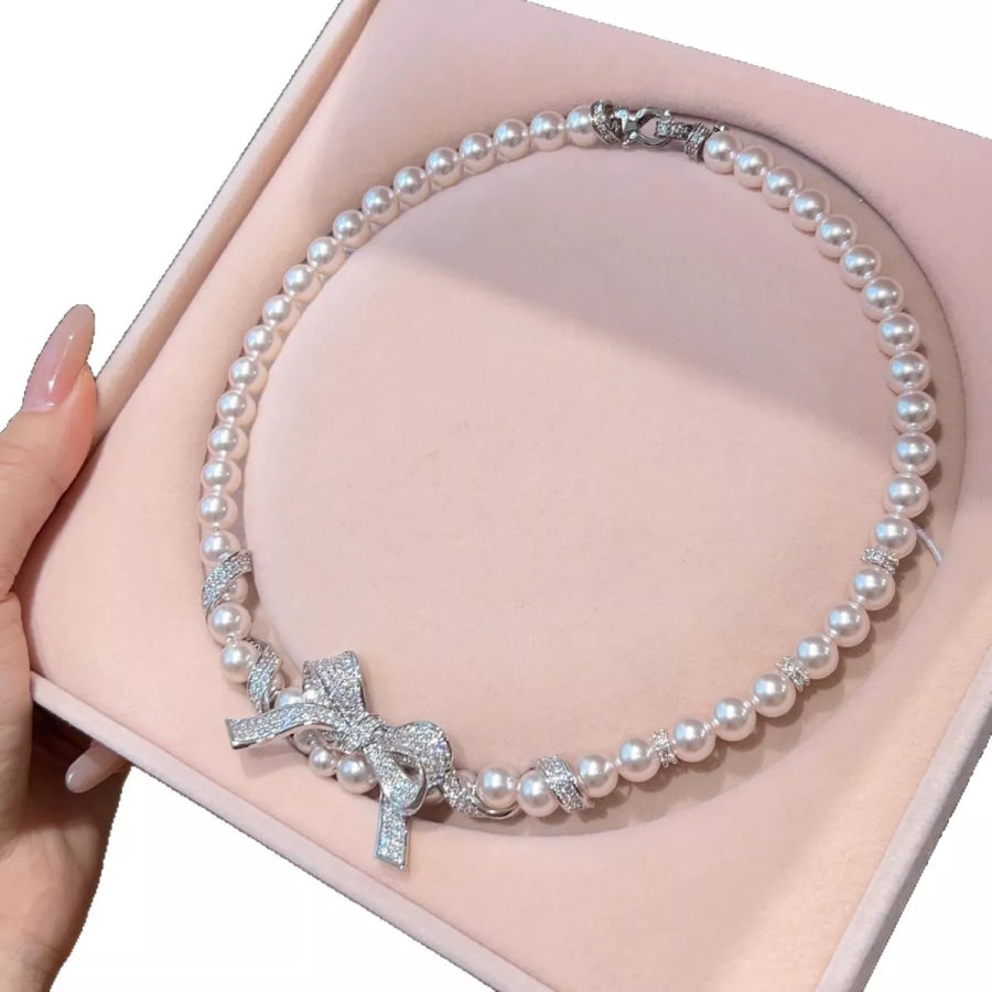 Pearl Necklace with Bow Pendant Silver / One Size Apparel and Accessories