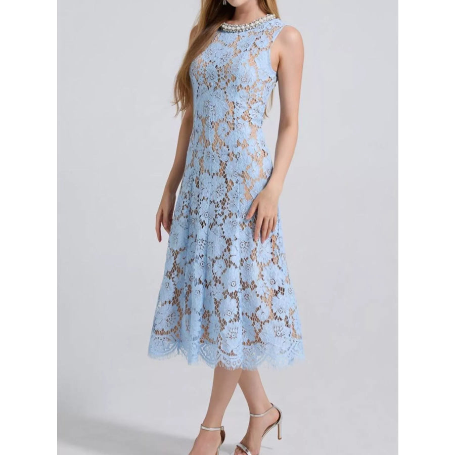 Pearl Neckline Sleeveless Lace Dress Blue / S Apparel and Accessories