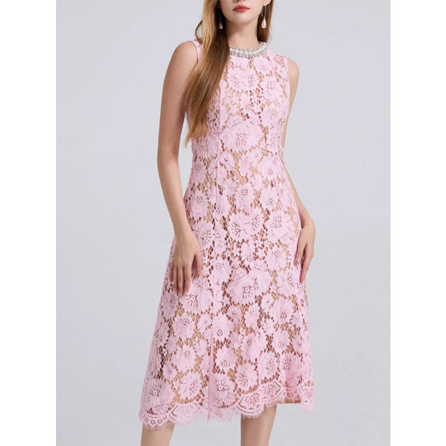 Pearl Neckline Sleeveless Lace Dress Pink / S Apparel and Accessories
